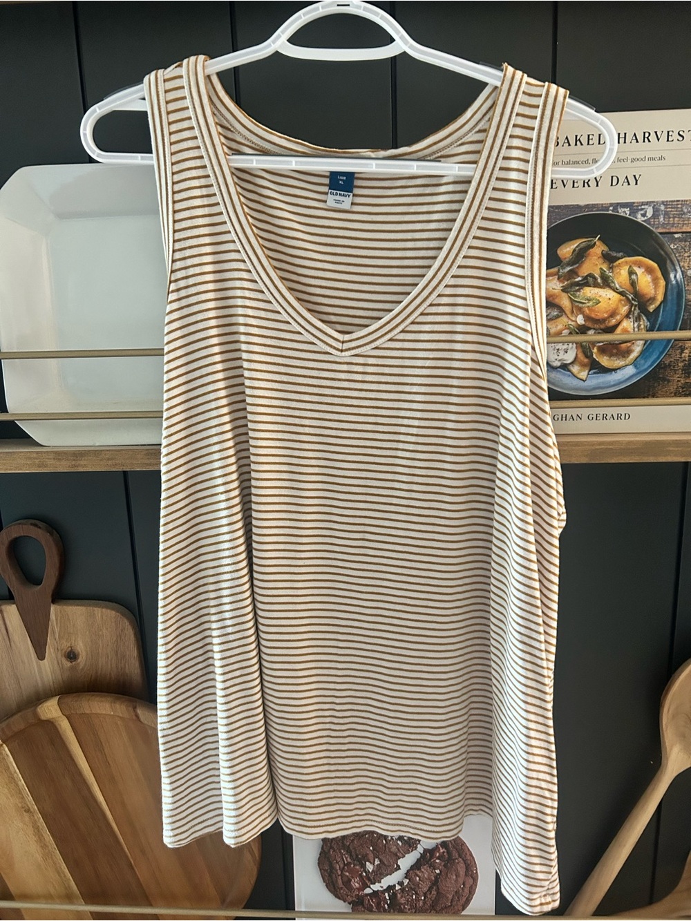 Old Navy Beige and White Striped V-Neck Tank Top